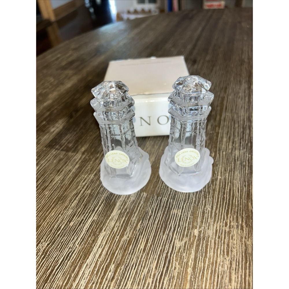 VTG Lenox Crystal Lighthouse Salt Pepper Shakers Clear Glass Frosted Waves Base